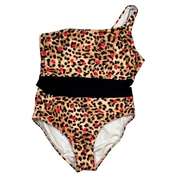 NWT Submarine Swim Girls Heart Cheetah One Shoulder Cutout Bathing Suit 14 - Picture 2 of 7
